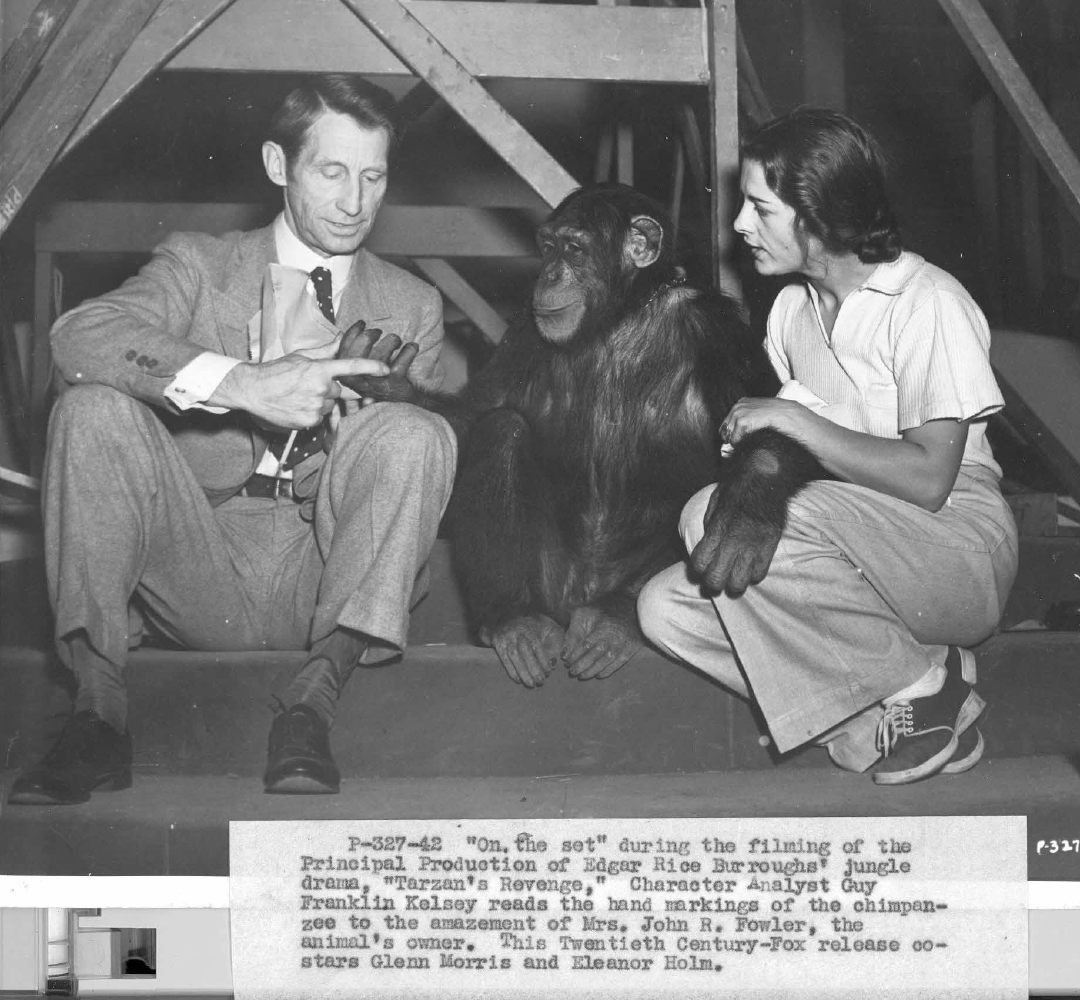 Erna Sinclair — vintage newspaper photo with chimpanzee